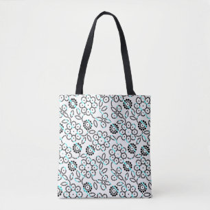 Tote Bag Joli aqua noir fleurs blanches motif