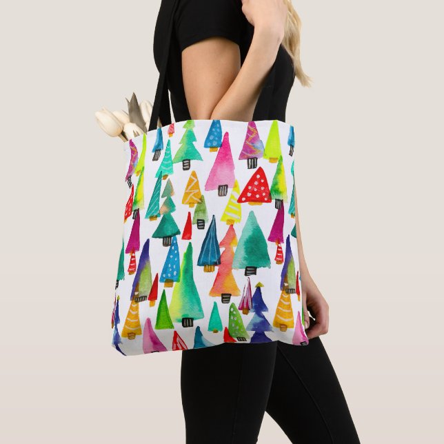 Tote Bag Joli aquarelle arbres de Noël (De près)