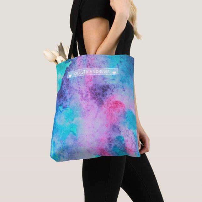 Tote Bag Joli bleu rose pourpre Aquarelle salée Monogramme (De près)