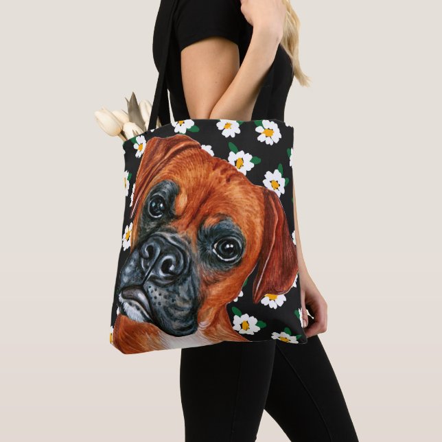 Tote Bag Joli Brown Boxer Chien Daisy Flower Motif (De près)