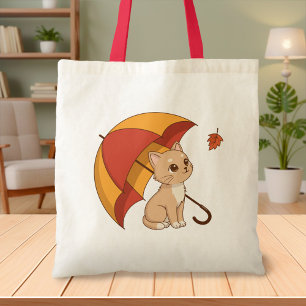 Tote Bag Joli Chat Chaton Rouge Jaune Parapluie Automne