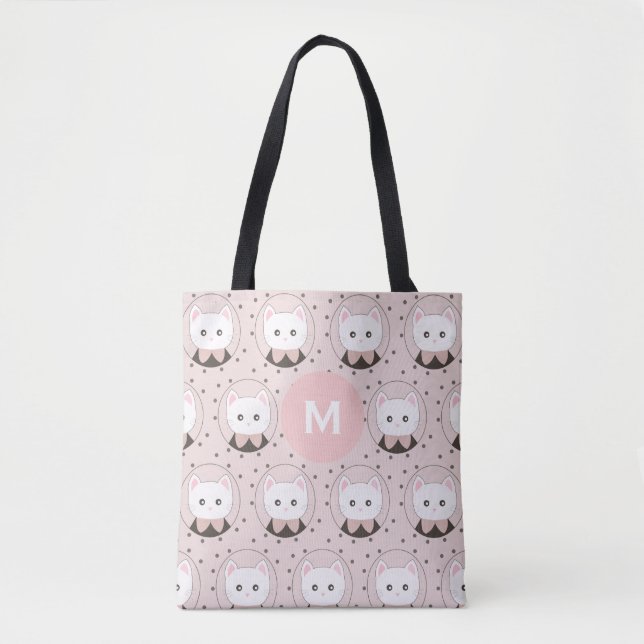 Tote Bag Joli Chat Face Rose Dotty Motif Monogramme (Devant)