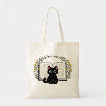 Joli Chat Noir Livre Ouvert Couronne de Fleurs Jau