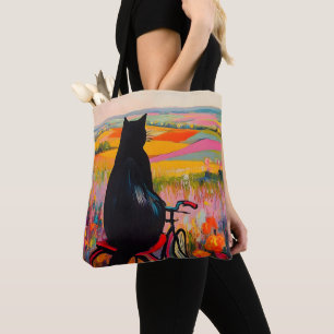 Tote Bag Joli chat noir profitant de la nature avec bicycle