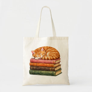 Tote Bag Joli Chat Orange Endormi sur une Pile de Livres