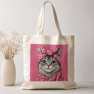 Tote Bag Joli chat tigré avec un foulard à pois rose rétro