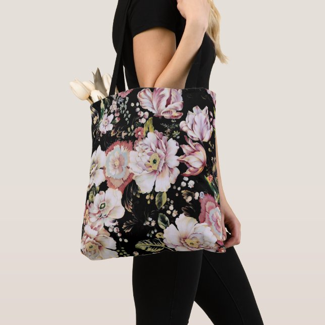 Tote Bag joli chic girly rose noir floral (De près)