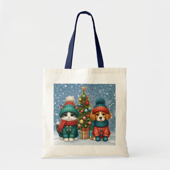 Tote Bag Joli chiot de Noël & chaton (Devant)