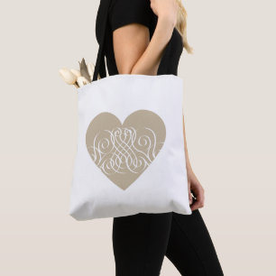 Tote Bag Joli Coeur or / Beige avec Filigree blanc