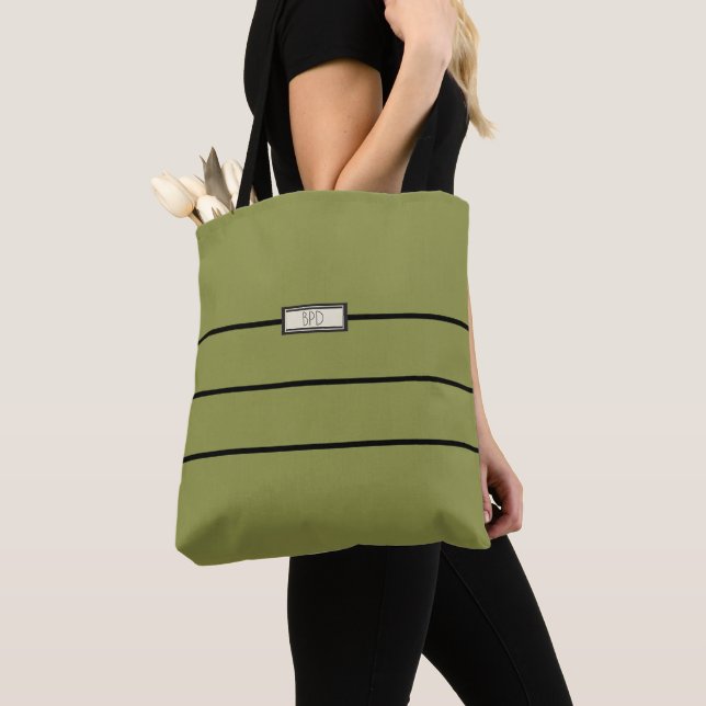 Tote Bag Joli Design Monogramme Chic Vert Moderne Noir (De près)