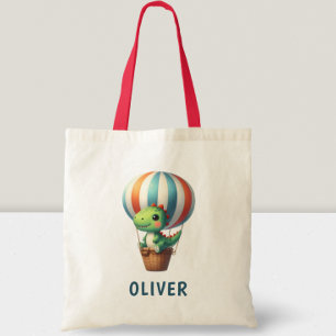 Tote Bag Joli Dino Vert S'envole dans une Montgolfière
