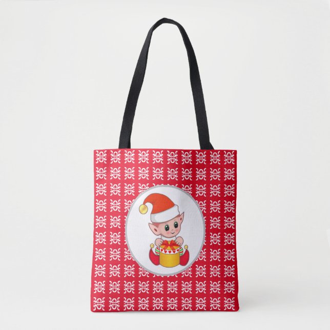 Tote Bag Joli elfe de Noël sur rouge & blanc (Devant)
