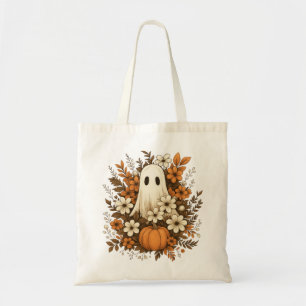 Tote Bag Joli Fantôme avec Citrouille et Fleurs d'Automne –