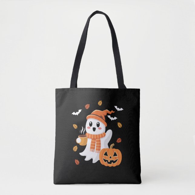 Tote Bag Joli fantôme buvant un café glacé Halloween  (Devant)
