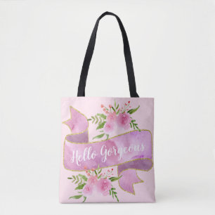 Tote Bag Joli Fleur Rose Pâle Bonjour Magnifique Or