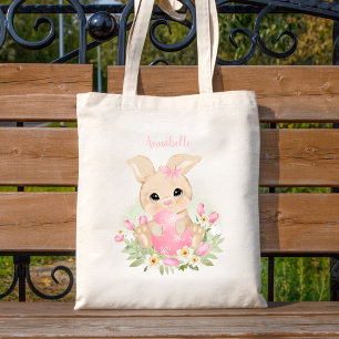 Tote Bag Joli lapin de Pâques rose Fille personnalisée