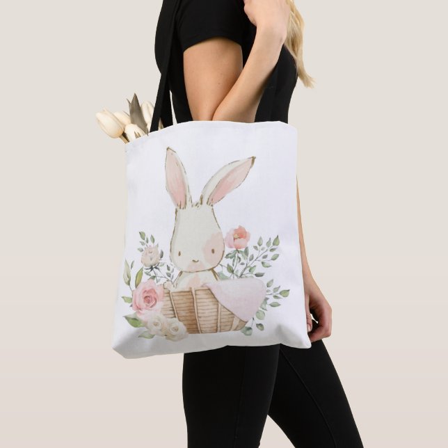 Tote Bag Joli lapin rose en panier Aquarelles (De près)