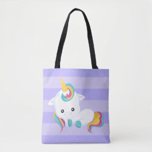Tote Bag Joli licorne blanche allongée avec des rayures vio
