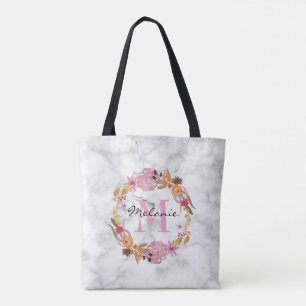 Tote Bag Joli Monogramme de couronne de fleurs rose