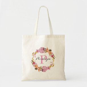 Tote Bag Joli Monogramme de couronne de fleurs rose
