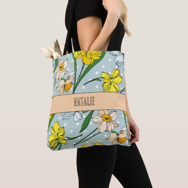 Tote Bag Joli monogrammé motif bleu rétro floral (De près)