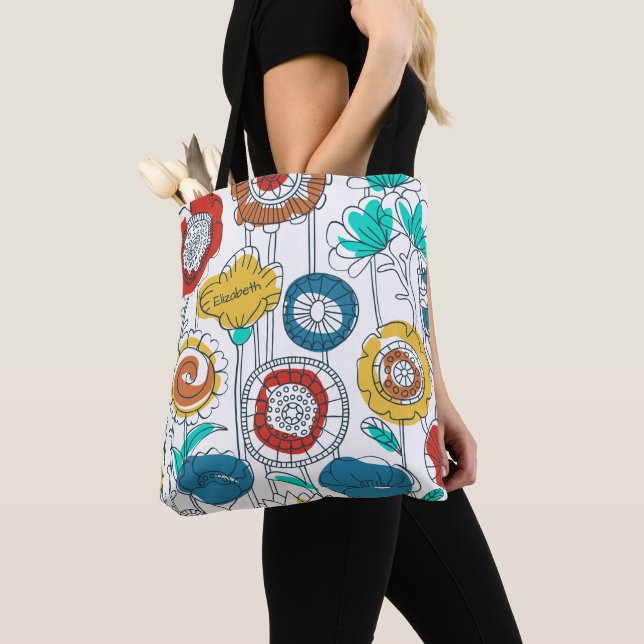 Tote Bag Joli Monogramme Nom Abstrait Fun Floral élégant (De près)