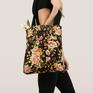 Tote Bag Joli motif floral rose rose rose, fleurs jaunes