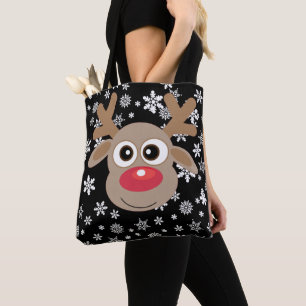 Tote Bag Joli Noël Cartoon Reindeer Snowflakes Noir