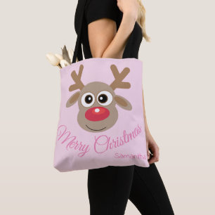 Tote Bag Joli Noël Reindeer Caricature Girl Rose Nom