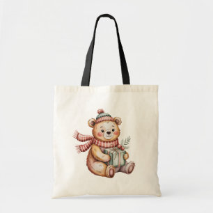 Tote Bag Joli ours en peluche de Noël tenant un cadeau en a