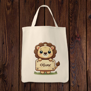 Tote Bag Joli Petit Lion avec un Panneau de Nom