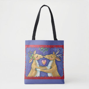Tote Bag Joli renne de Noël, Baiser romantique avec Mistlet