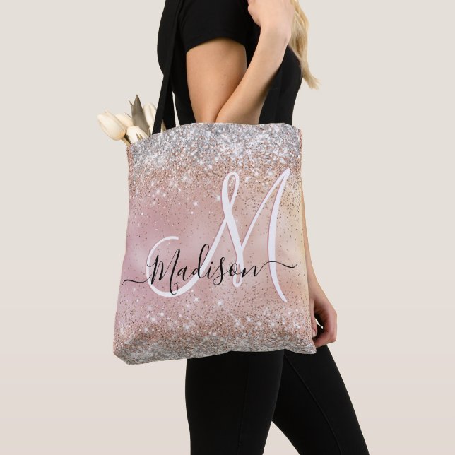 Tote Bag Joli rose or faux argent parties scintillant monog (De près)
