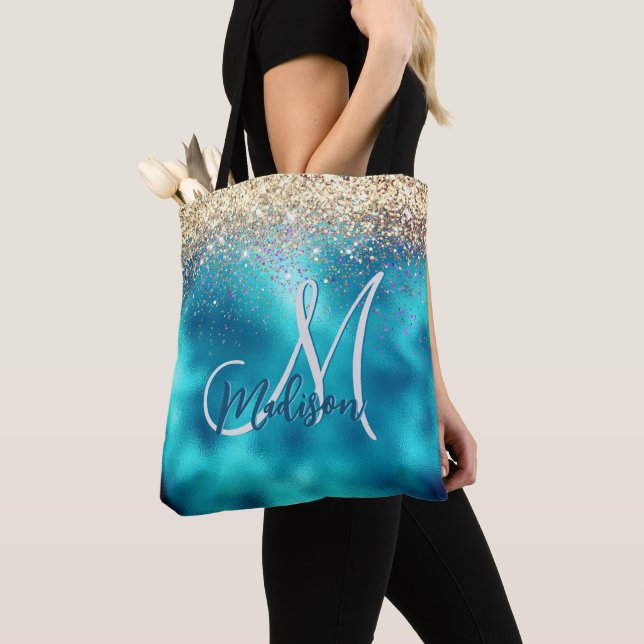 Tote Bag Joli turquoise or faux parties scintillant monogra (De près)