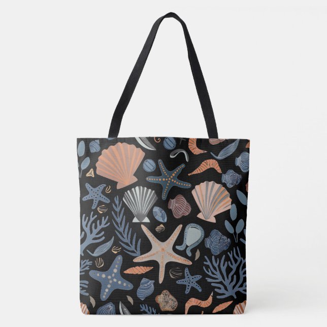 Tote Bag Jolie aquarelle coquillage corail noir (Devant)