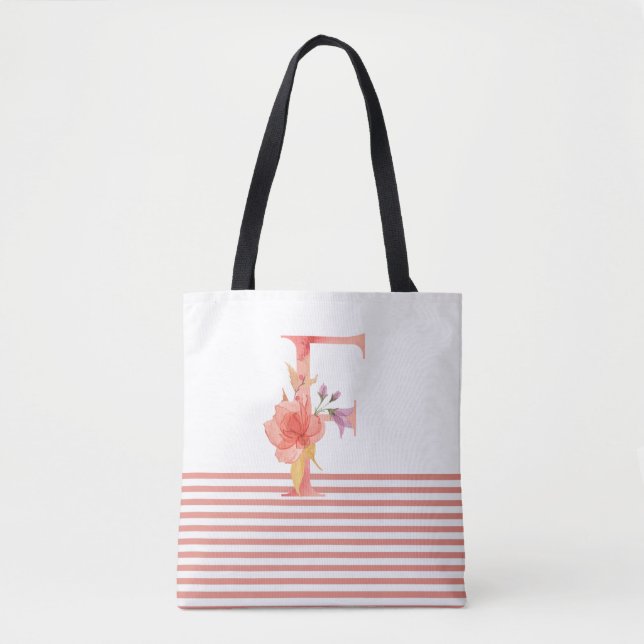Tote Bag Jolie aquarelle Florale Lettre "F" Bande rose (Devant)