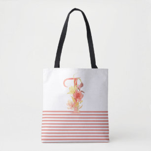Tote Bag Jolie aquarelle Florale Lettre "I" Bande rose