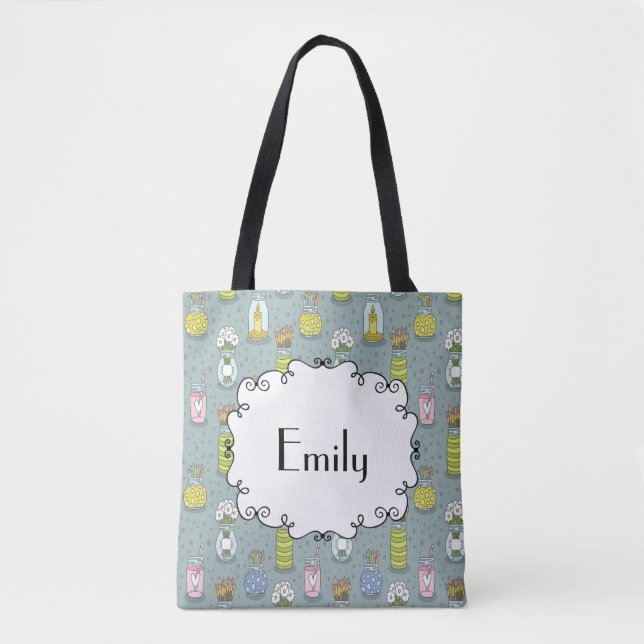 Tote Bag Jolie Artsy Pastel Mason Fleurs de pot Monogramme (Devant)