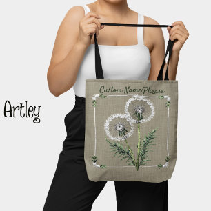 Tote Bag Jolie broderie Style Dandelions Nom personnalisé