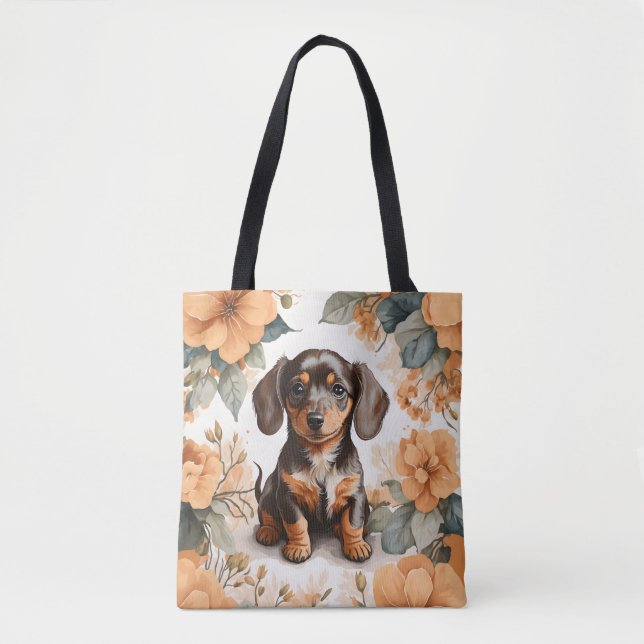 Tote Bag Jolie Brown dachshund Puppy Peach Floral (Devant)