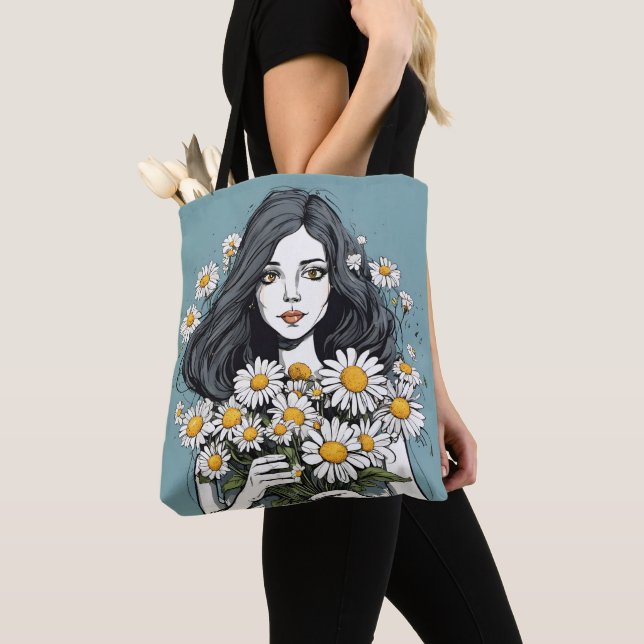 Tote Bag Jolie Dame Avec Bouquet Daisy (De près)