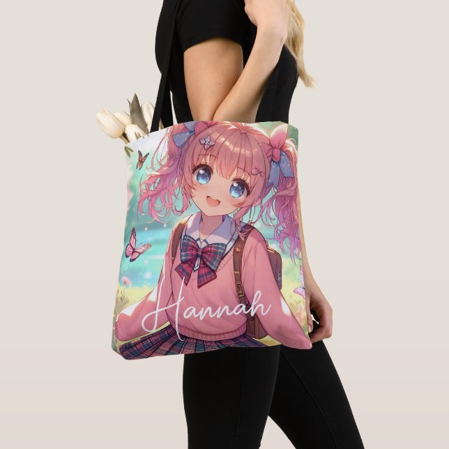 Tote Bag Jolie fille Anime en Pigtails Roses (De près)