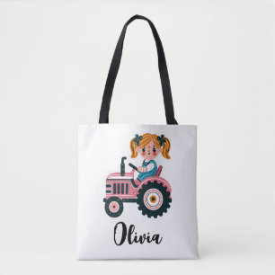 Tote Bag Jolie Fille sur Tracteur Rose Personnalisé