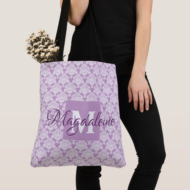 Tote Bag Jolie Lavande Damask Feminine Monogramme & Nom (De près)