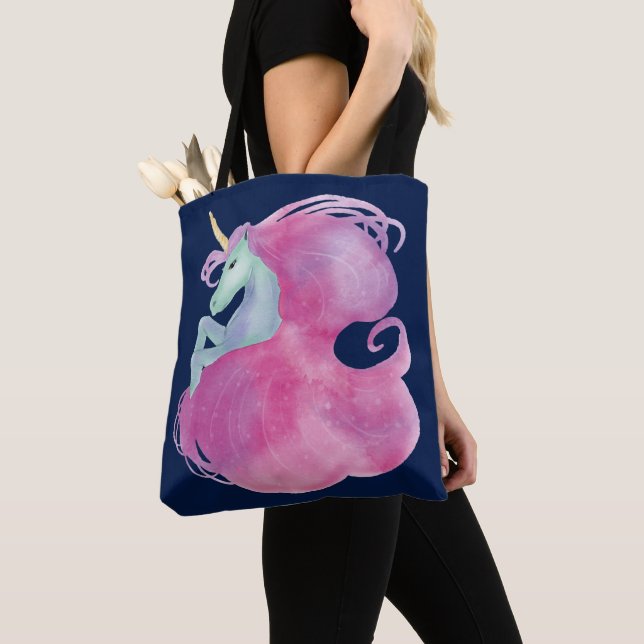Tote Bag Jolie licorne rose sur bleu (De près)
