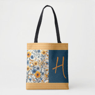 Tote Bag Jolie Personnaliser Florale Vintage Bleue Et Jaune