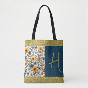 Tote Bag Jolie Personnaliser Florale Vintage Bleue Et Jaune