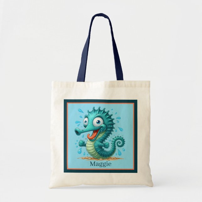 Tote Bag Jolie plage hippocampe ajouter nom enfants (Devant)