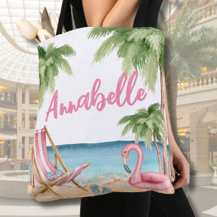 Tote Bag Jolie plage tropicale aquarelle rose pour fille