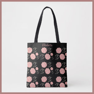 Tote Bag Jolie Roses roses roses avec feuillage sur noir